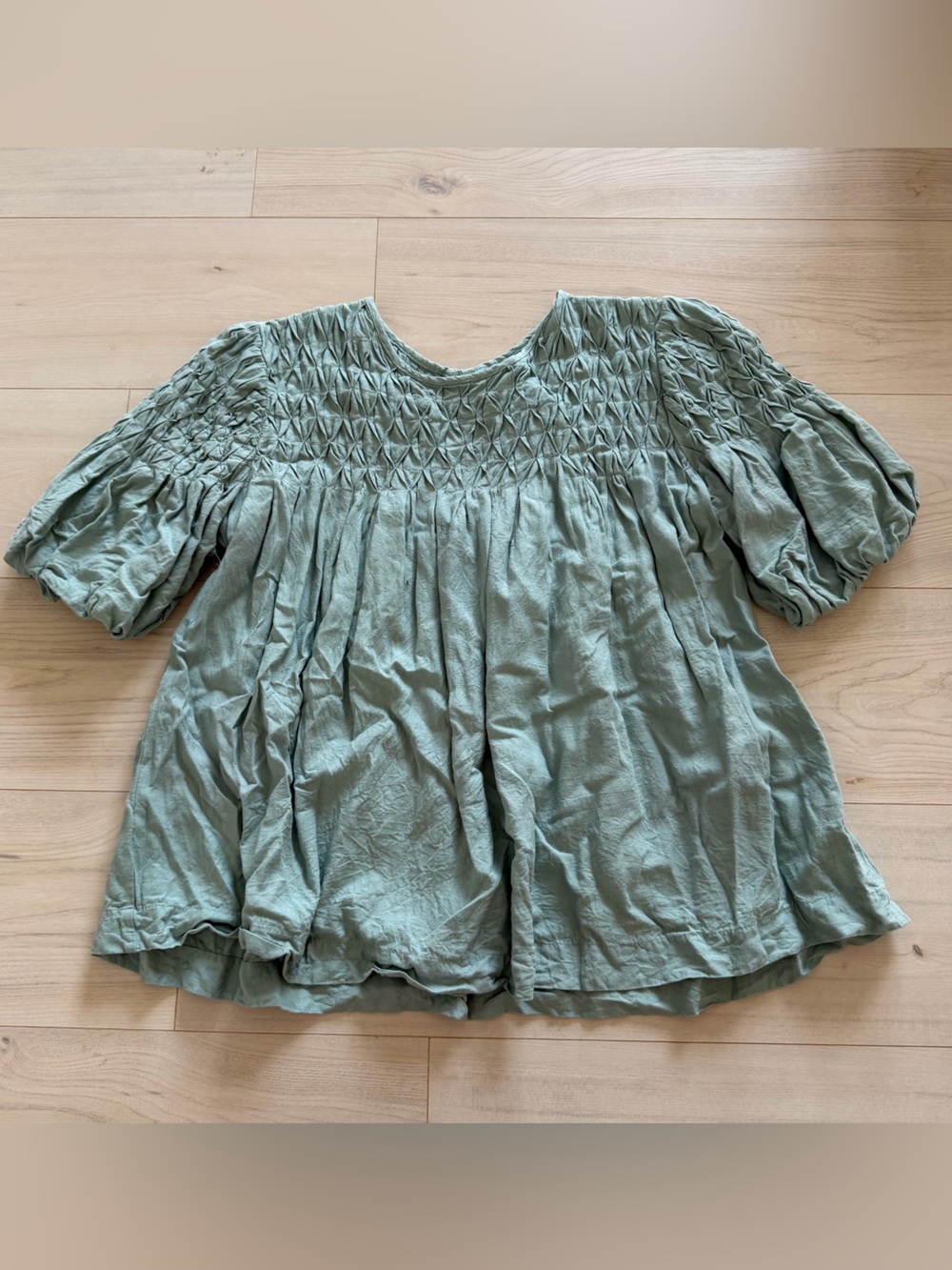 Anthropologie Green Smocked Puff-Sleeve Top XL